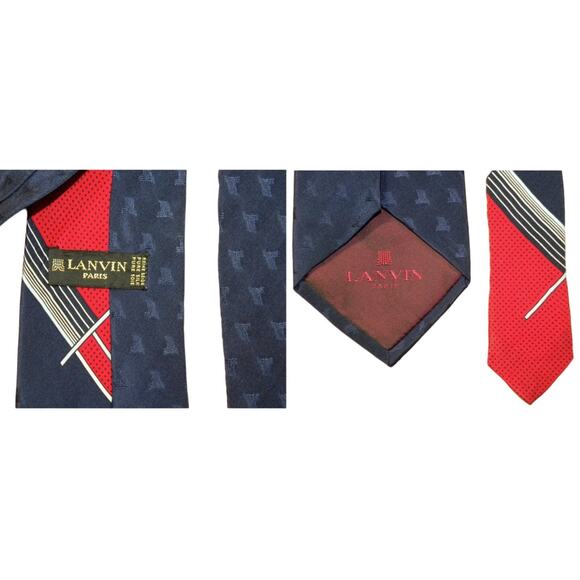 80s Lanvin SILK Tie | Lanvin Paris Navy & Red Necktie - Picture 4 of 6